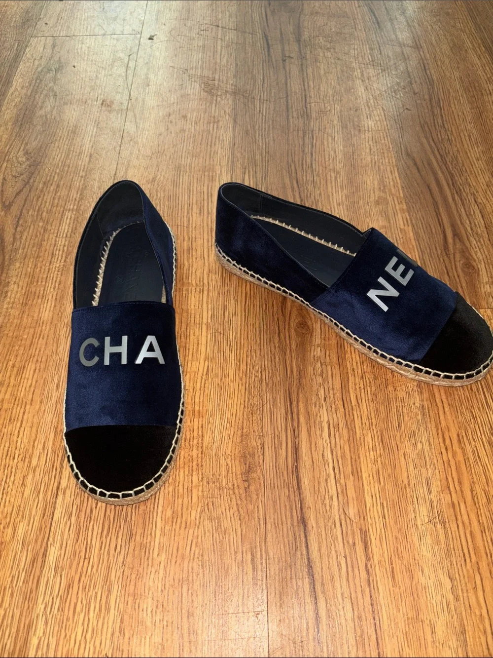 CHANEL Navy Blue and Black Suede Logo Espadrilles